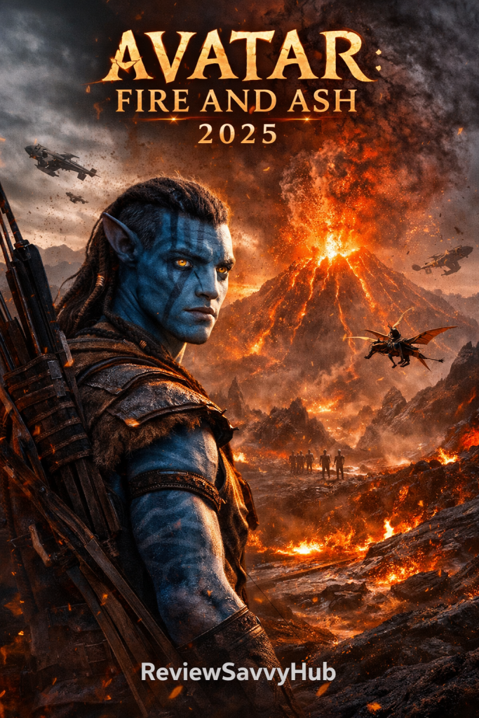 Avatar Fire and Ash (2025) movie review image showing a Na’vi warrior in a volcanic Pandora environment – ReviewSavvyHub