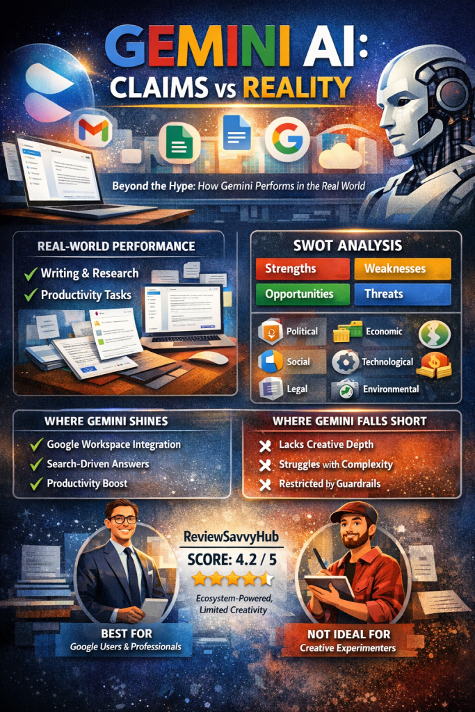 Gemini AI claims vs reality review showing real-world performance, SWOT and PESTLE analysis by ReviewSavvyHub