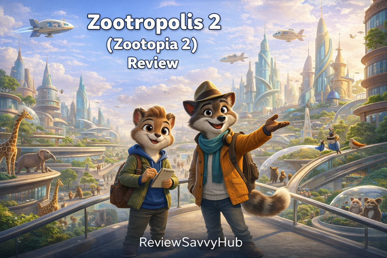 Zootropolis 2 Review illustration showing a futuristic animal city with original animated characters