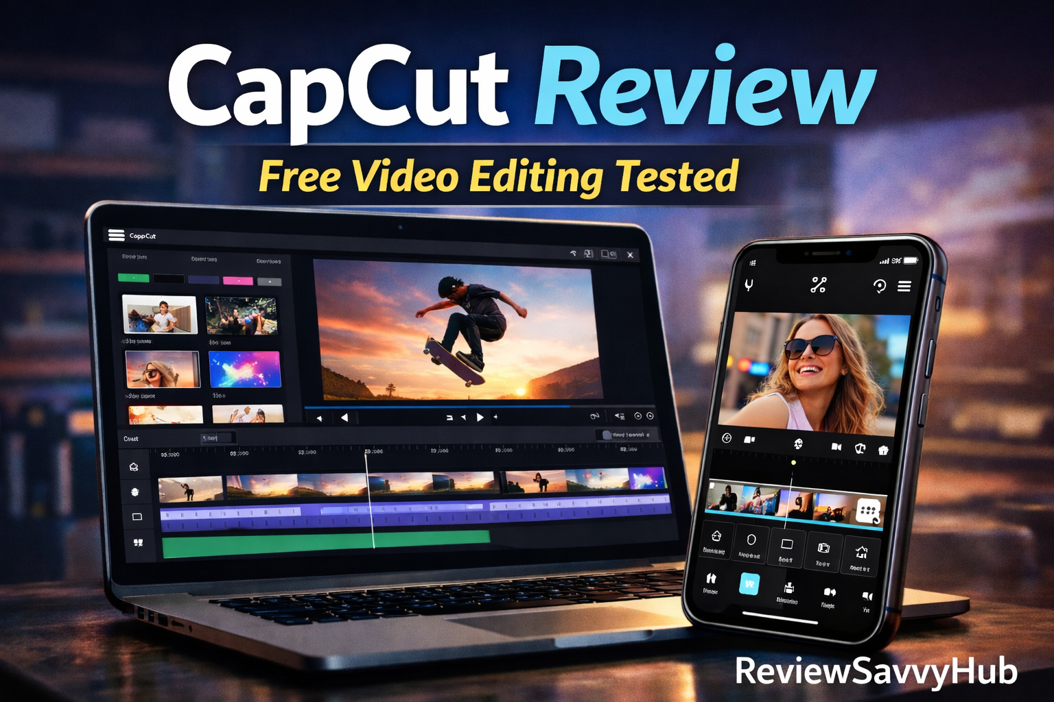 CapCut review showing the free video editing software interface on desktop and mobile