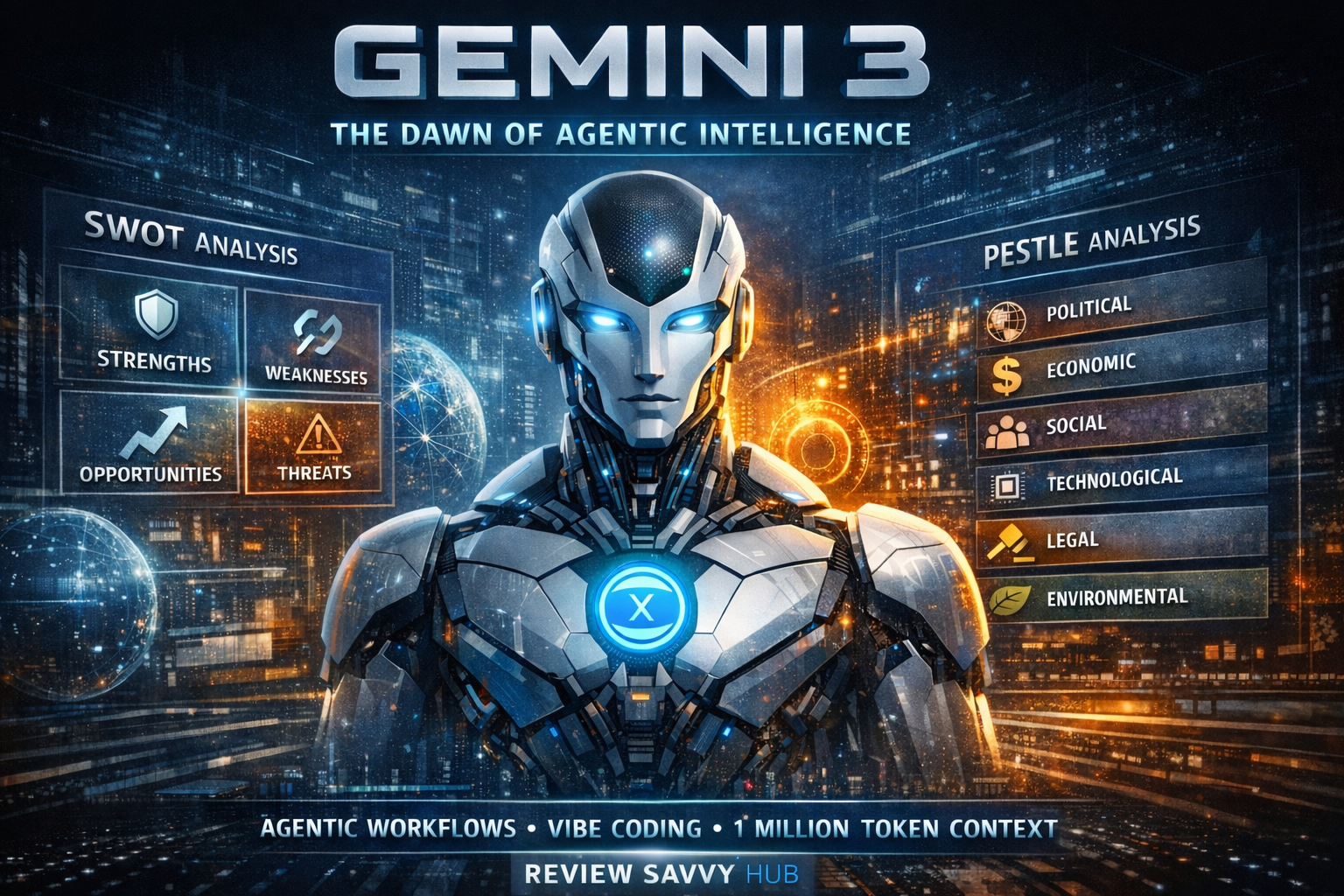 Gemini 3 Review infographic showing agentic intelligence, SWOT and PESTLE analysis by ReviewSavvyHub