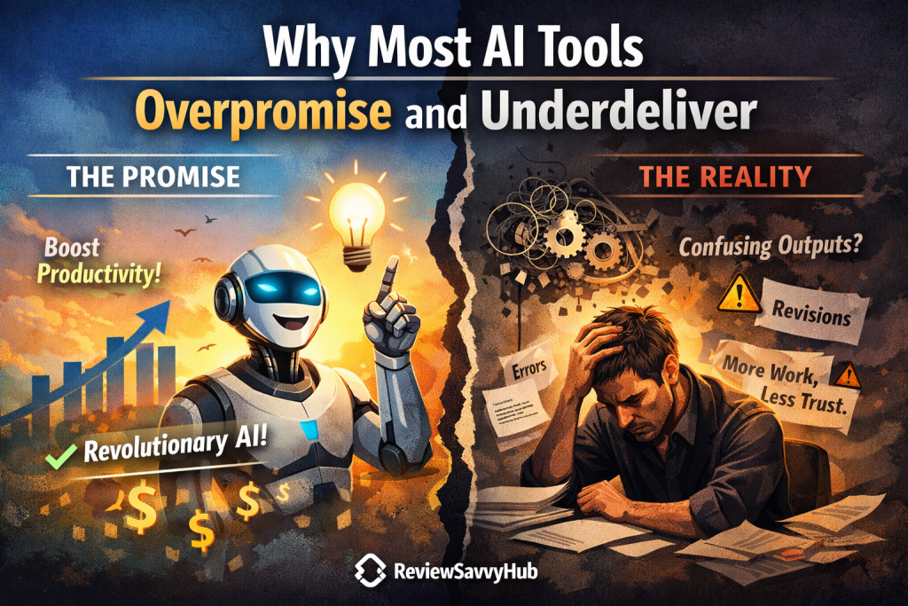 Illustration showing the gap between AI promises and real-world outcomes, highlighting overpromising and underdelivering AI tools – ReviewSavvyHub