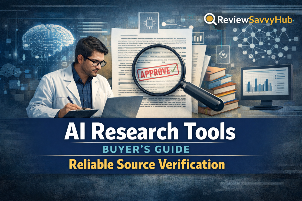 AI research tools buyer’s guide showing source verification and citation accuracy, by ReviewSavvyHub