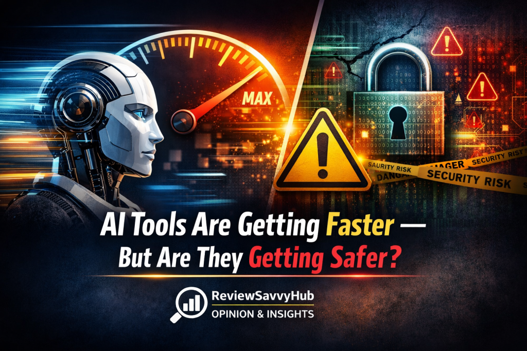 Illustration showing fast-advancing AI technology contrasted with safety, security risks, and human oversight concerns