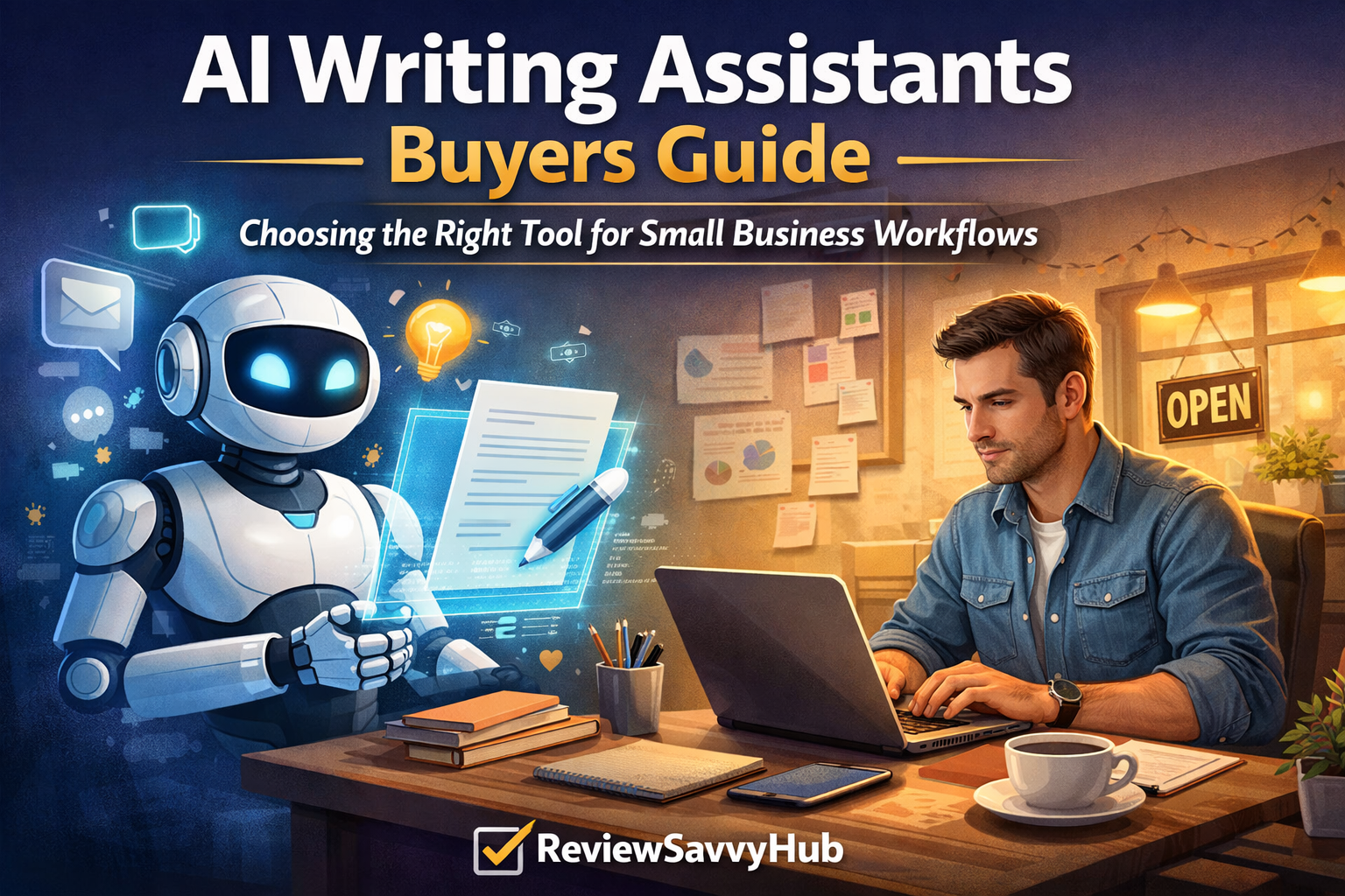 AI writing assistants buyers guide showing how small businesses choose the right AI writing tool – ReviewSavvyHub