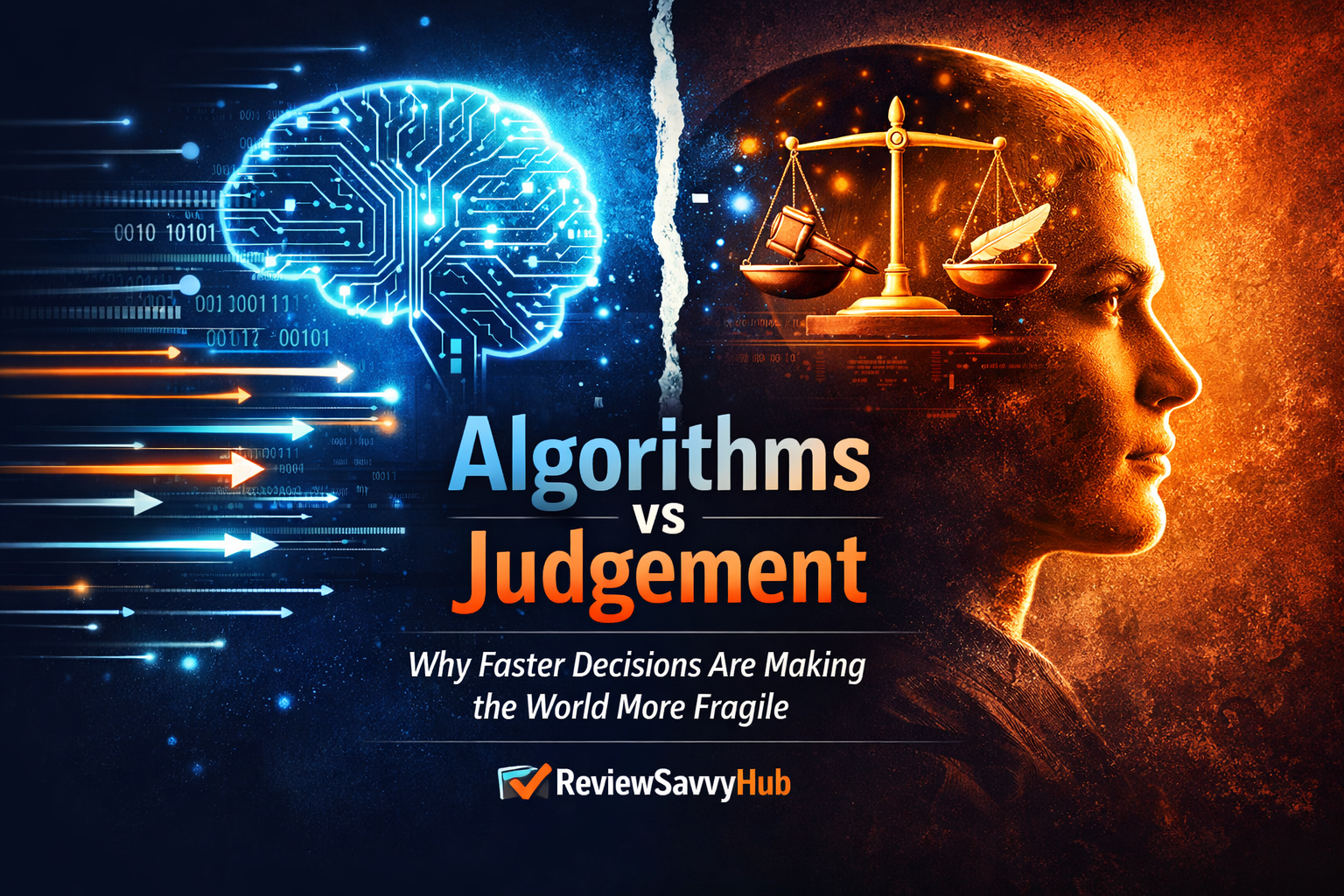 Algorithms vs judgement comparison showing AI digital brain versus human ethical decision making – ReviewSavvyHub