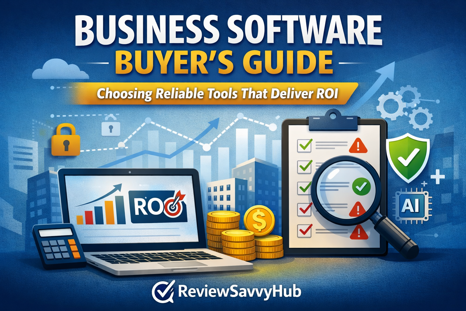 Business software buyer’s guide featured image showing ROI, reliability checks, and AI-powered tools comparison – ReviewSavvyHub