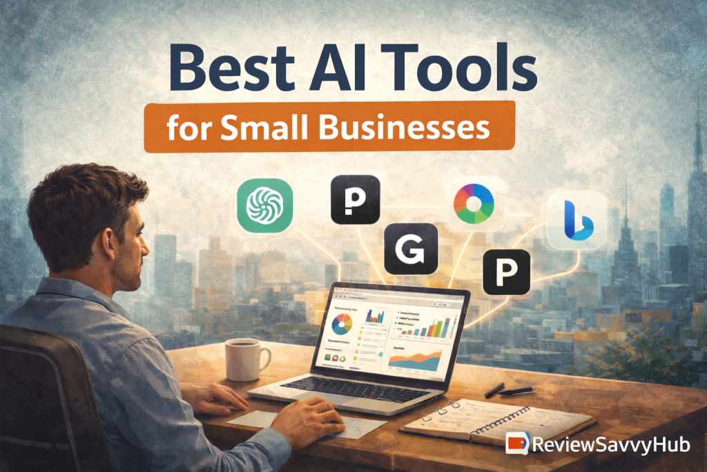 Buyer’s guide illustration showing a professional evaluating multiple AI tools for informed decision-making