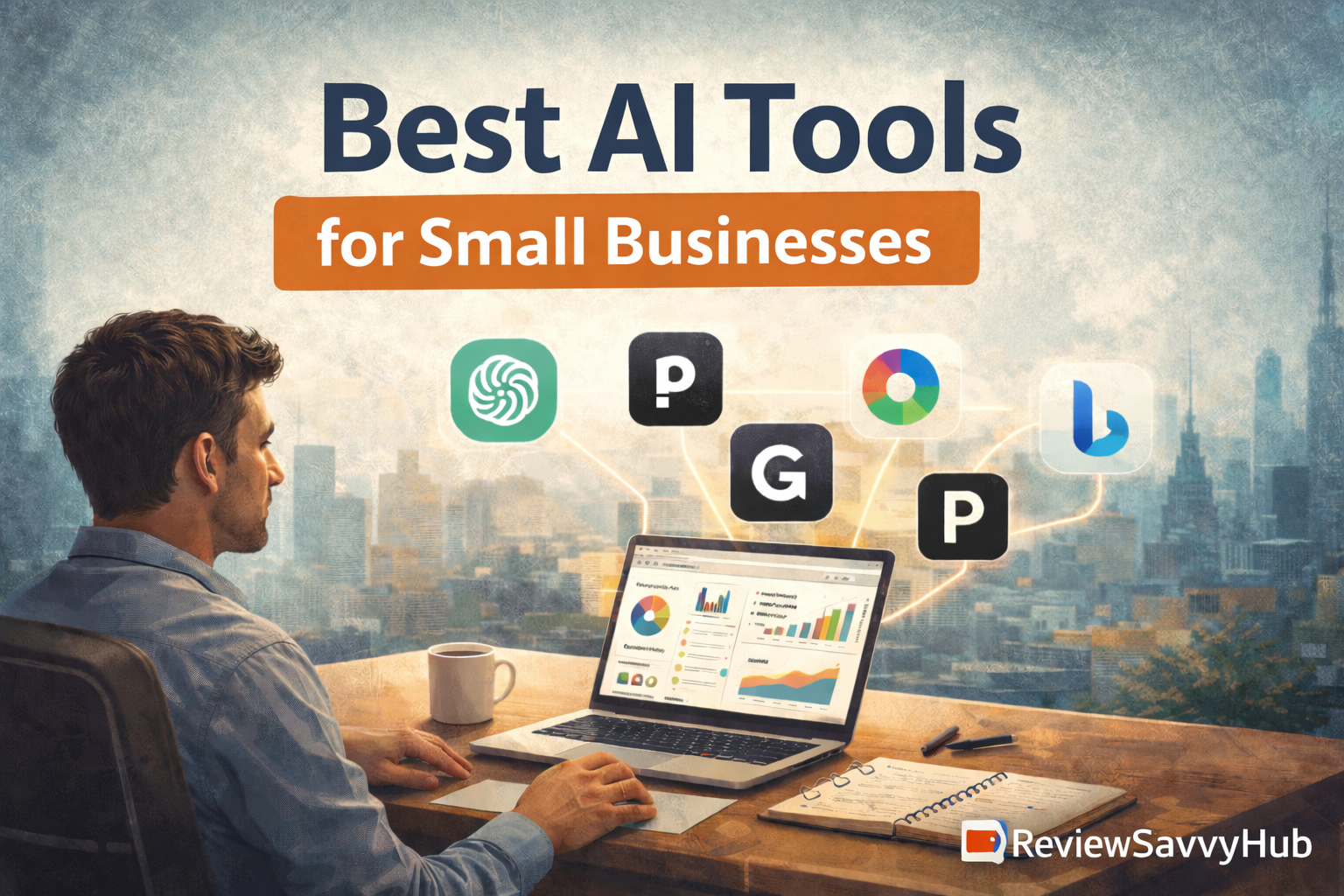 Buyer’s guide illustration showing a professional evaluating multiple AI tools for informed decision-making