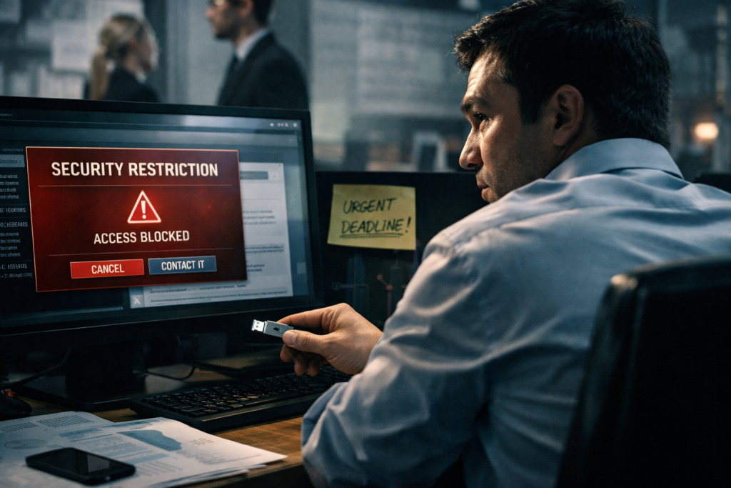 Employee bypassing a security control under workplace pressure, illustrating how urgency and expectations override secure behaviour