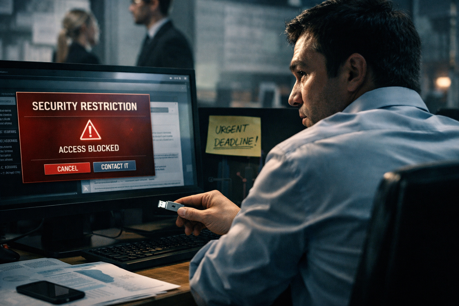 Employee bypassing a security control under workplace pressure, illustrating how urgency and expectations override secure behaviour