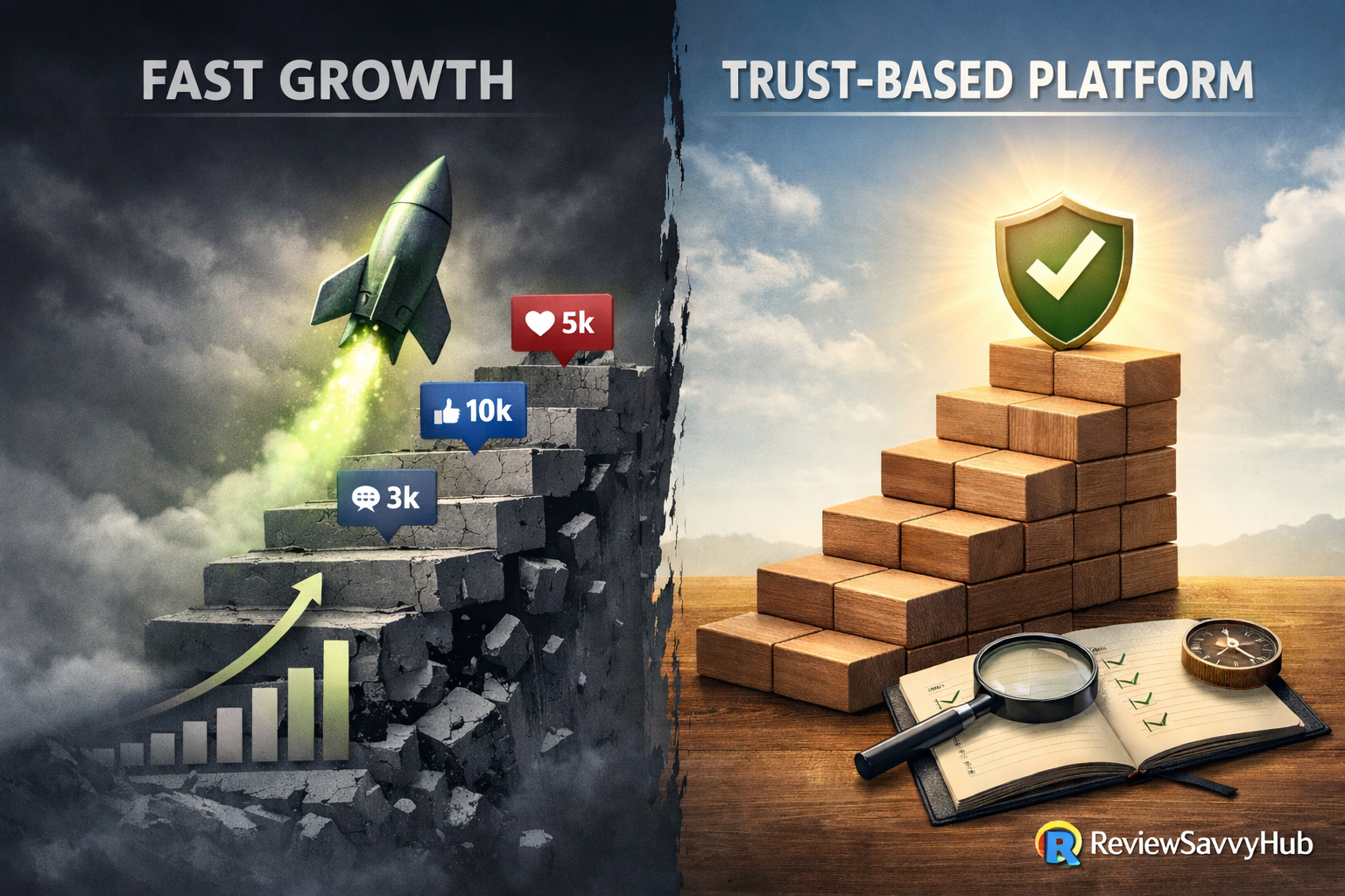 Illustration comparing fast growth tactics with trust based platforms, showing why rapid growth strategies fail for trust driven businesses