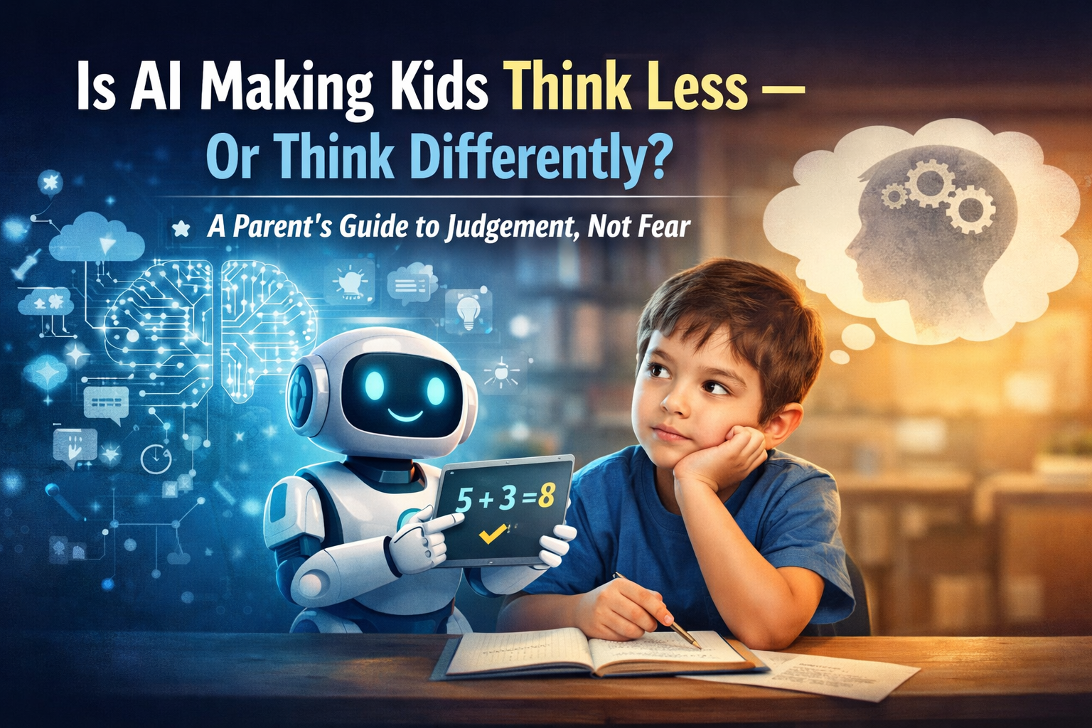 Child thinking while interacting with an AI assistant, illustrating how artificial intelligence can support or replace children’s thinking during learning