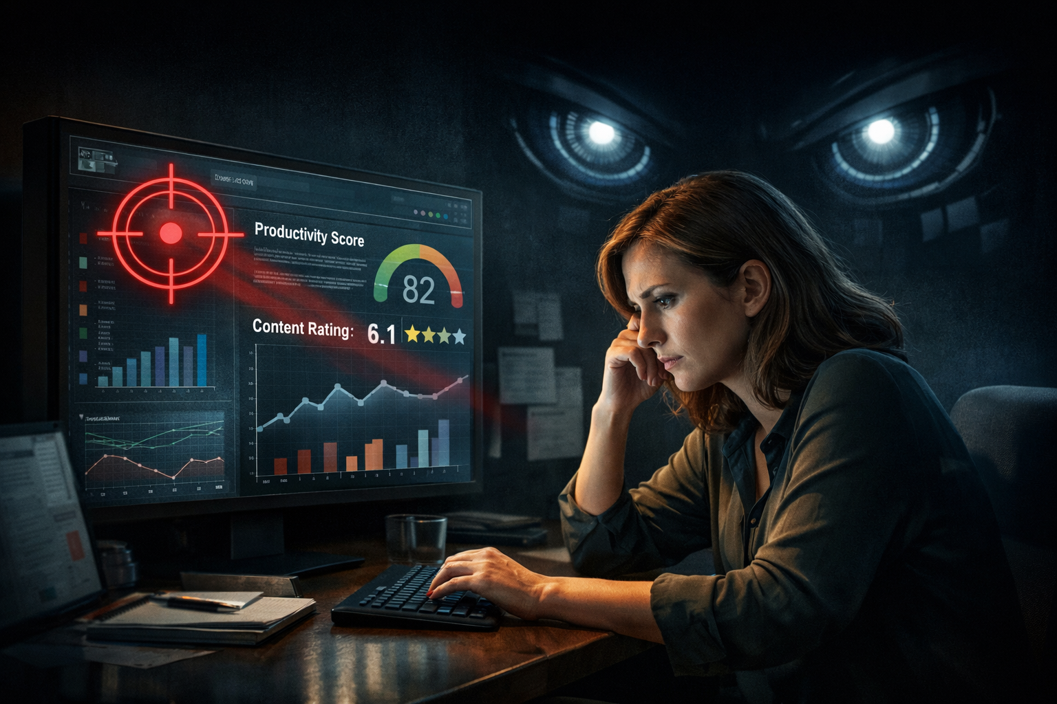 Employee working under AI performance monitoring, showing how algorithmic judgement changes human behaviour and creativity