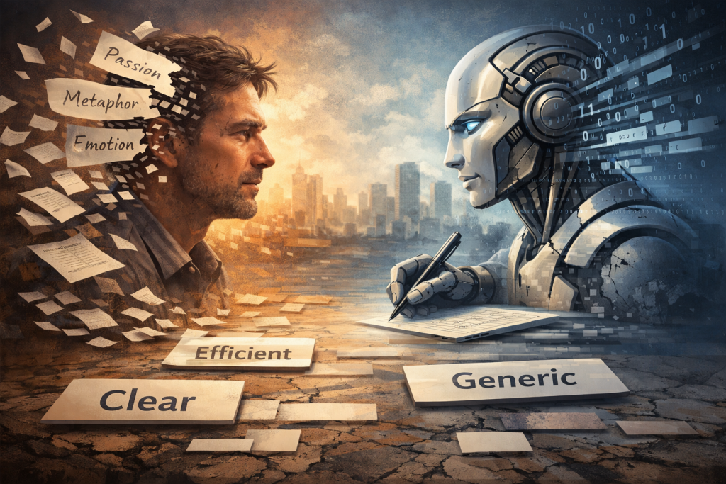 Editorial illustration showing a human losing emotional language and an AI producing efficient but generic text, representing semantic erosion of language caused by AI-generated content