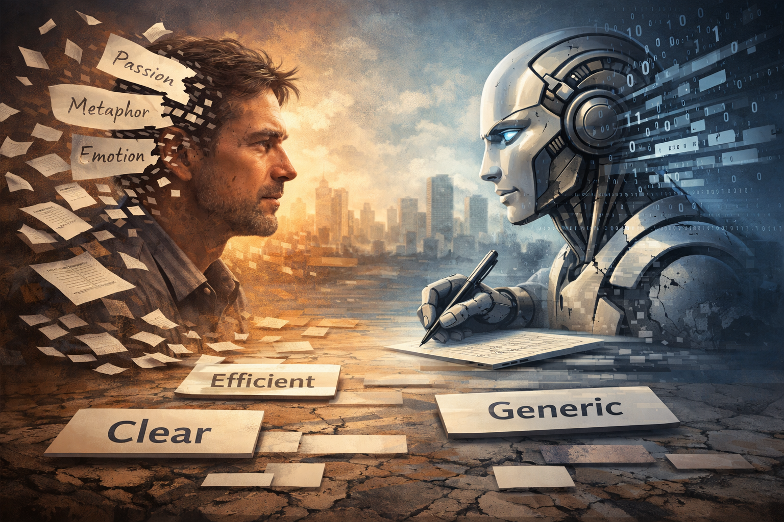 Editorial illustration showing a human losing emotional language and an AI producing efficient but generic text, representing semantic erosion of language caused by AI-generated content