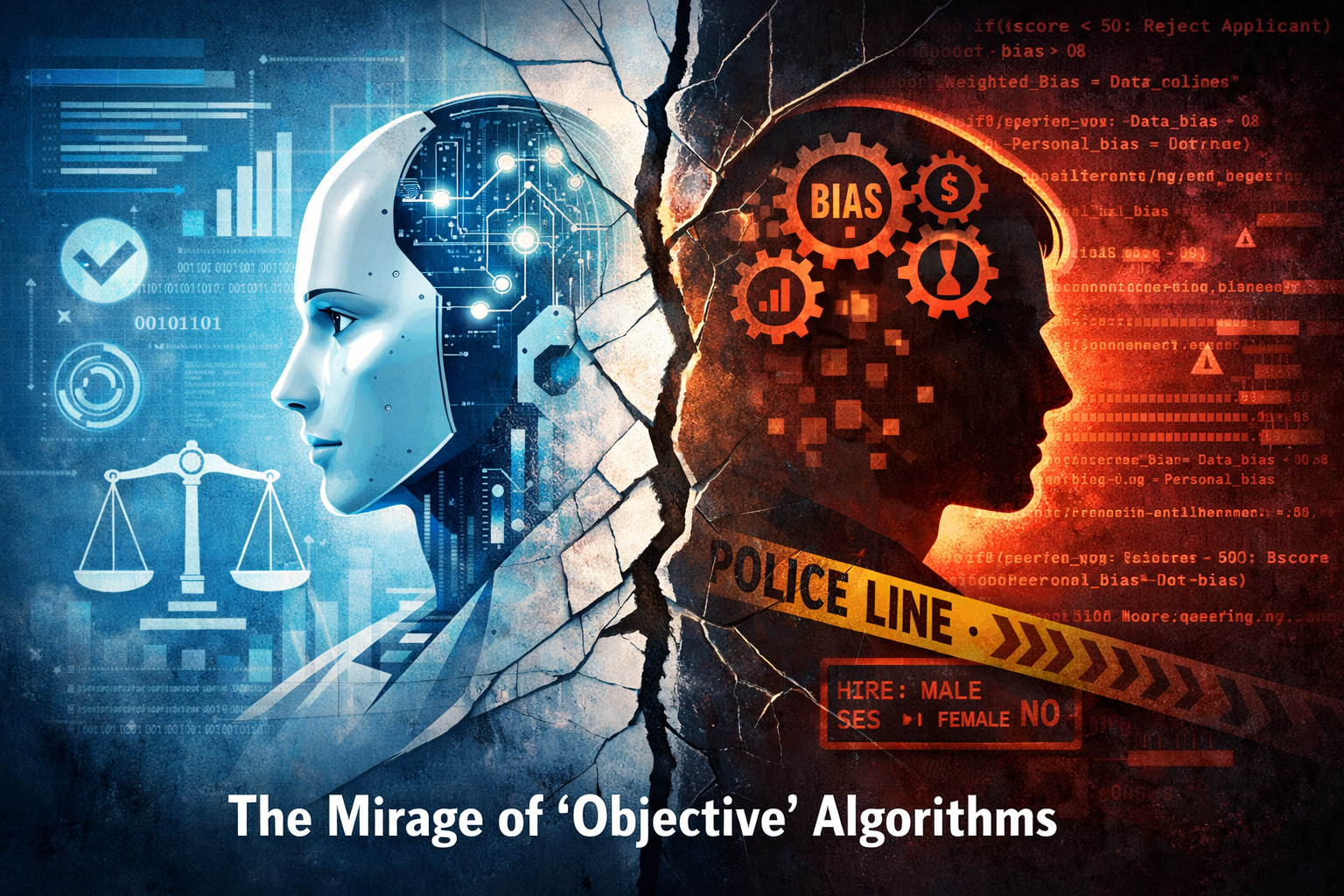 Illustration showing the illusion of objective AI algorithms, contrasting neutral machine logic with hidden human bias