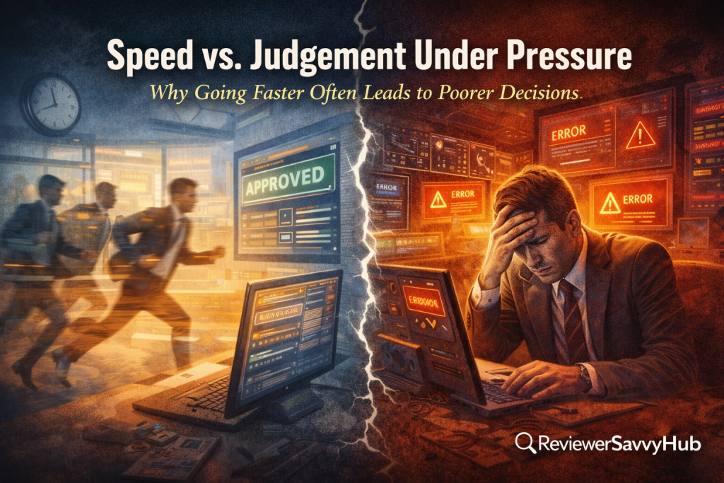 Illustration showing how speed-driven decisions undermine human judgement in modern organisations – ReviewSavvyHub Opinion & Insight