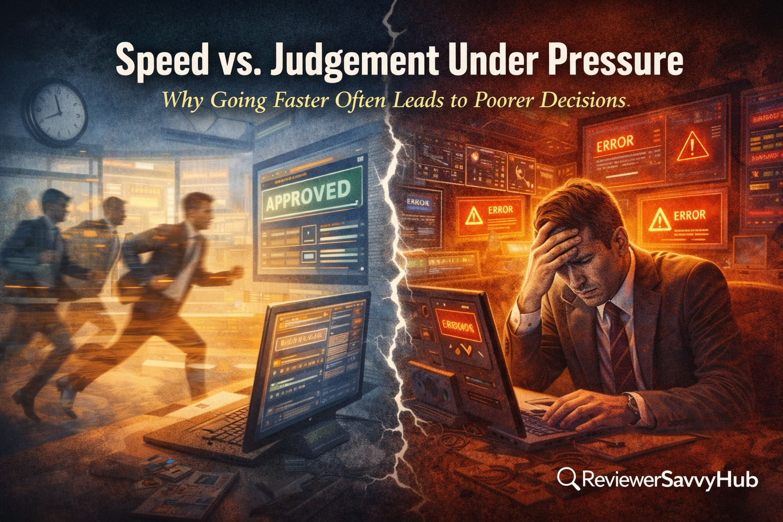 Illustration showing how speed-driven decisions undermine human judgement in modern organisations – ReviewSavvyHub Opinion & Insight