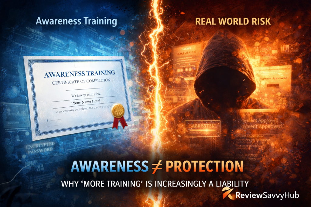 Split visual showing awareness training certification on one side and real-world cyber risk on the other, illustrating why awareness alone does not equal protection – ReviewSavvyHub