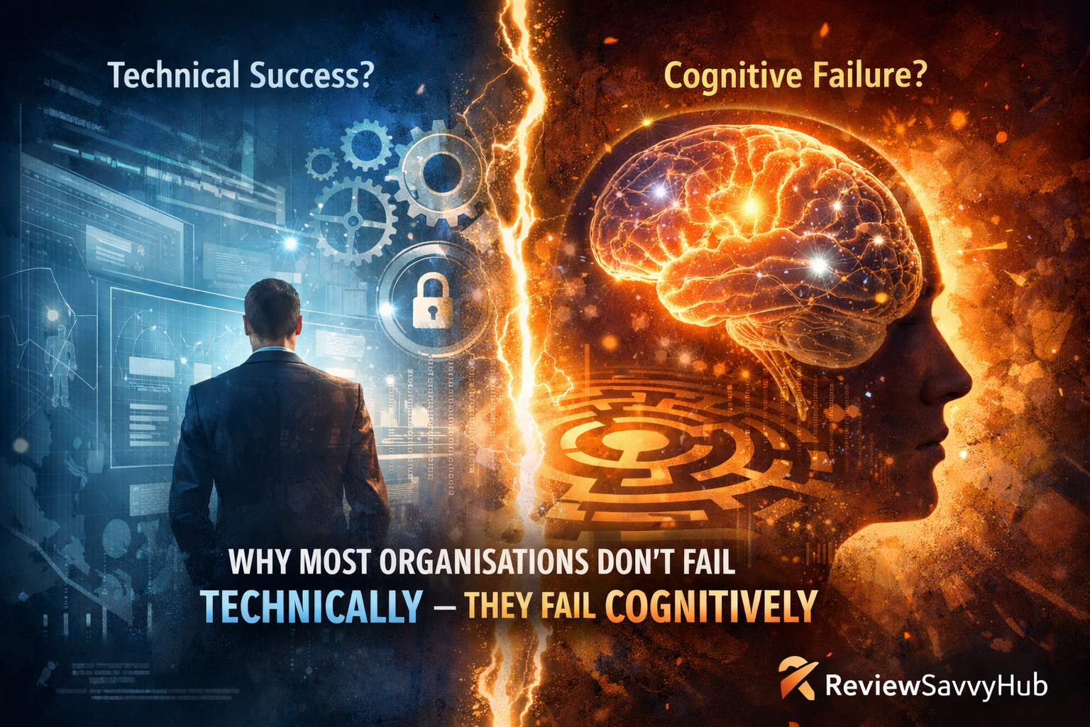 Split visual showing technical systems on one side and human cognition on the other, highlighting how organisations fail cognitively rather than technically – ReviewSavvyHub
