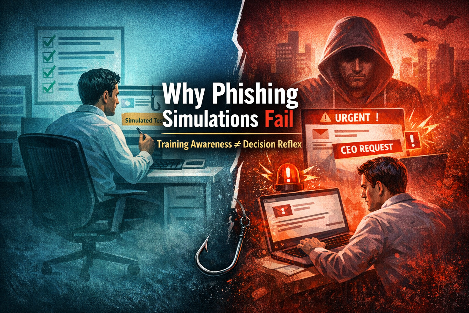Illustration showing the difference between calm phishing simulation training and real-world phishing attacks where urgency and authority trigger reflexive decisions instead of judgment