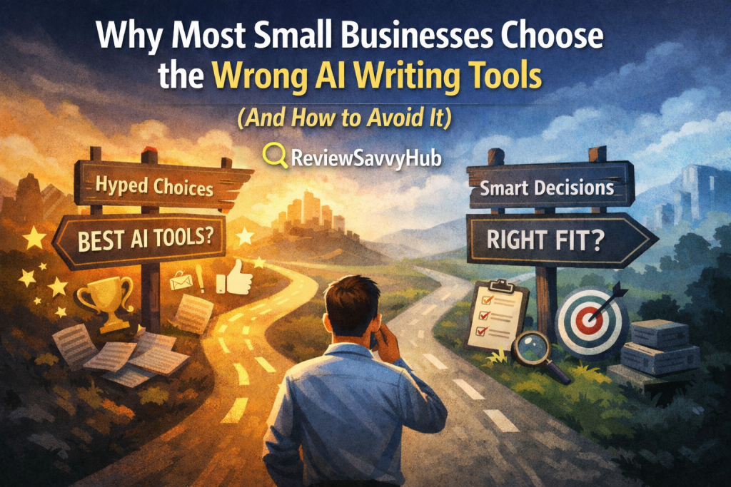 Illustration showing a small business owner confused between multiple AI writing tools, highlighting poor decision making without hype or rankings