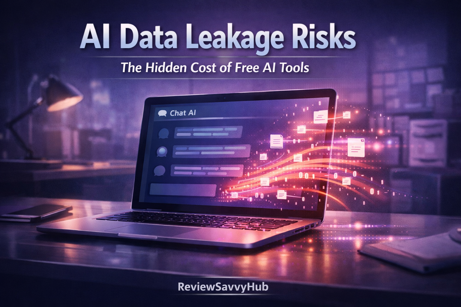 AI data leakage risk concept showing conversational AI interface exposing sensitive business data