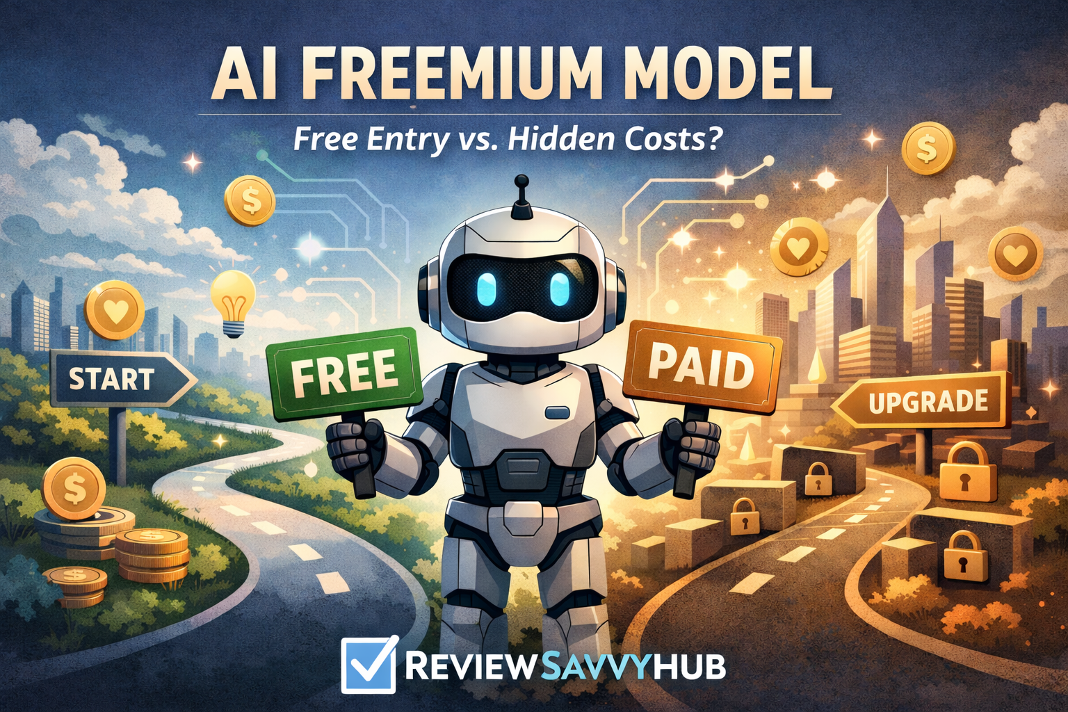 AI freemium model illustration showing free vs paid AI tools decision path and hidden cost traps (ReviewSavvyHub)