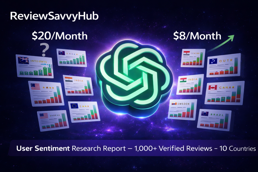 ChatGPT Plus vs $8 plan comparison showing pricing $20 vs $8 with user sentiment analysis across countries