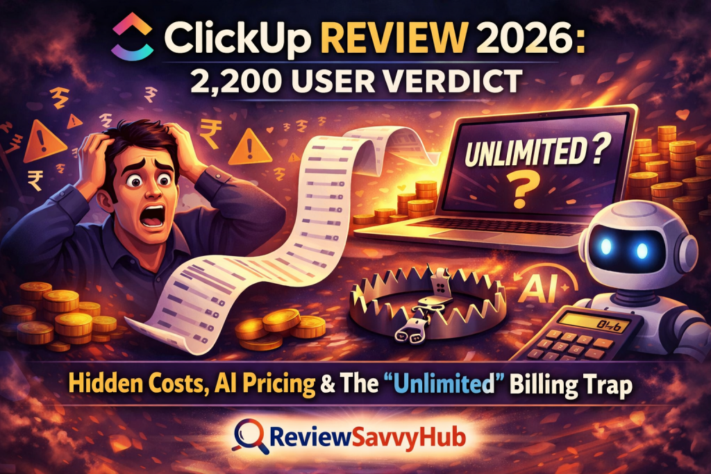 ClickUp Review 2026 showing hidden costs, AI pricing and unlimited billing trap with real user analysis by ReviewSavvyHub