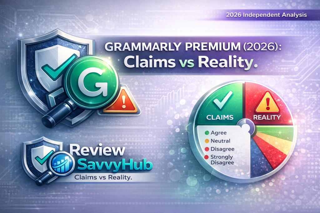 Grammarly Premium 2026 review showing claims vs reality analysis with user sentiment data and Savvy Meter score by ReviewSavvyHub