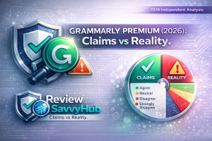 Grammarly Premium 2026 review showing claims vs reality analysis with user sentiment data and Savvy Meter score by ReviewSavvyHub