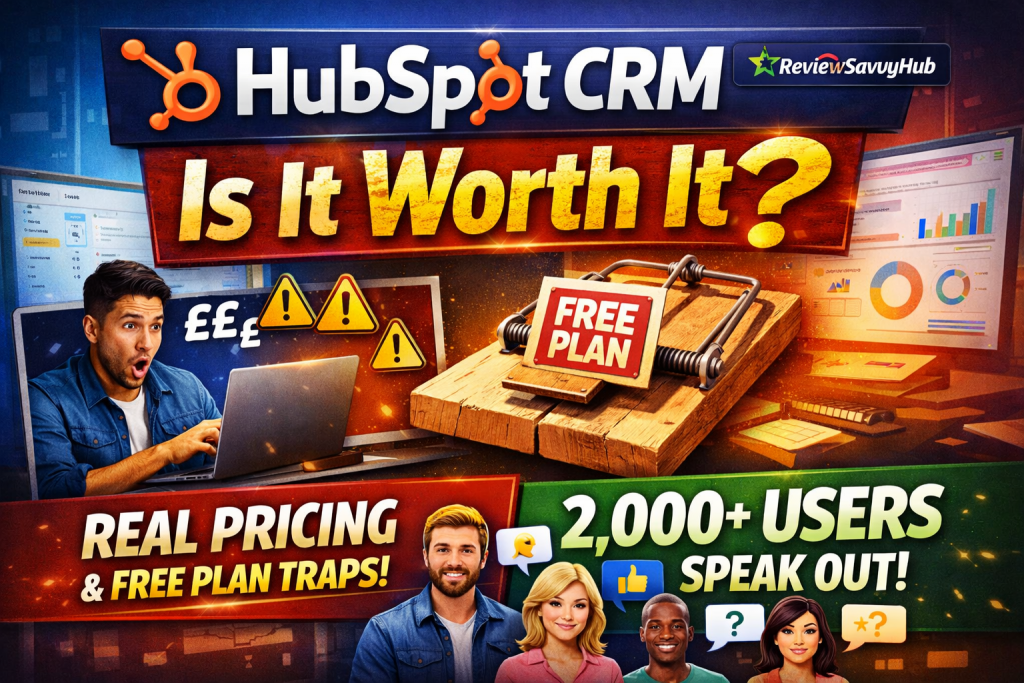 HubSpot CRM Review 2026 showing real pricing, free plan traps and user sentiment analysis by ReviewSavvyHub