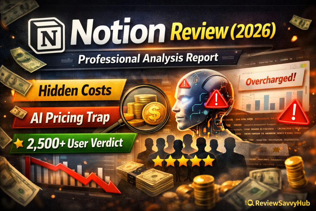 Notion Review 2026 showing hidden costs AI pricing trap and 2500 user verdict analysis by ReviewSavvyHub