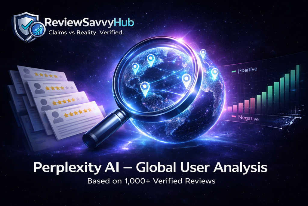 Perplexity AI global user analysis banner with review ratings and sentiment data visualization.
