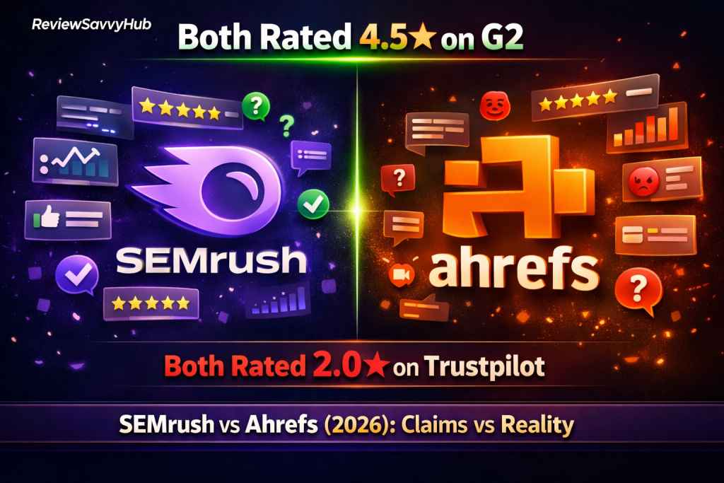 SEMrush vs Ahrefs 2026 comparison showing 4.5 star rating on G2 and 2.0 star rating on Trustpilot with mixed user sentiment