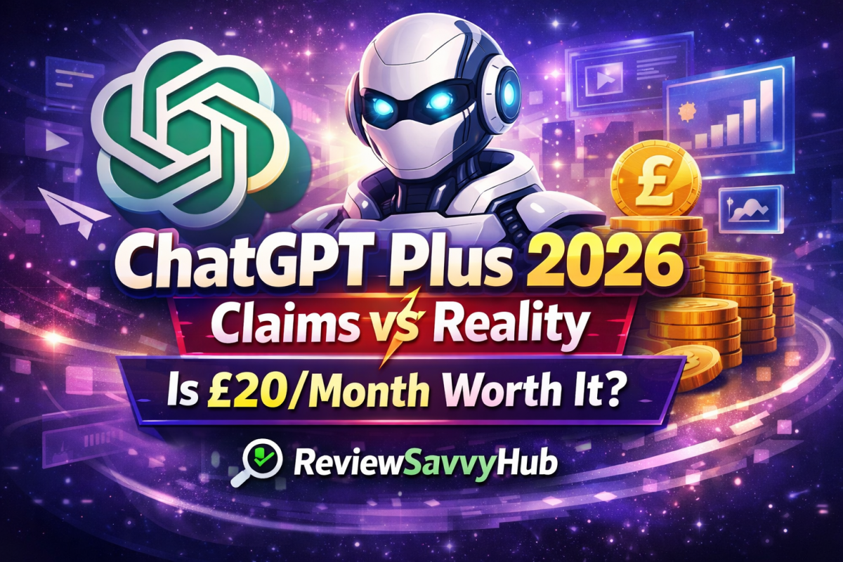 ChatGPT Plus 2026 claims vs reality analysis showing £20 per month value comparison with ReviewSavvyHub branding