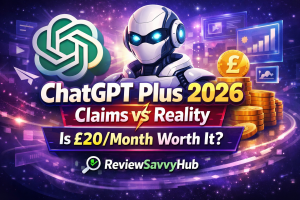ChatGPT Plus 2026 claims vs reality analysis showing £20 per month value comparison with ReviewSavvyHub branding